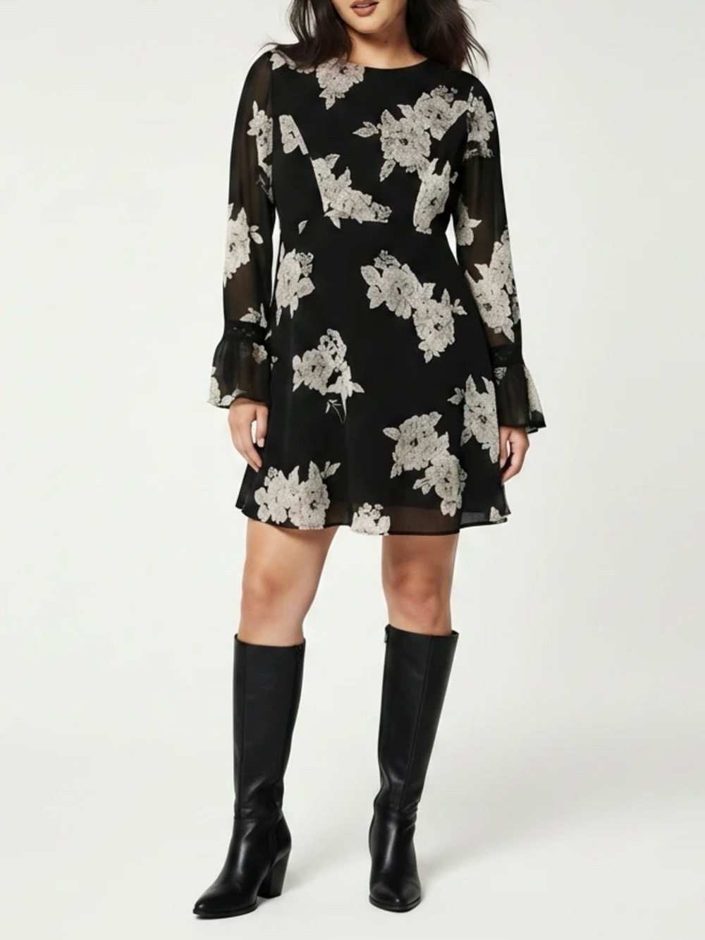 Black Floral Print Long Sleeve Dress